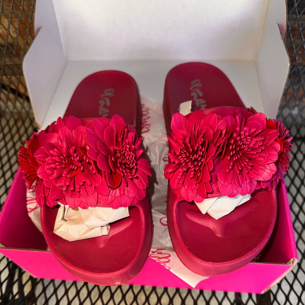Olivia Miller Pink Platform Mules with Floral Embellishment